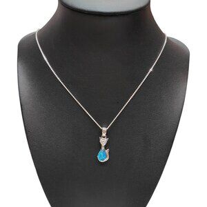 925 SILVER BLUE OPAL EGYPTIAN CAT PENDANT NECKLACE